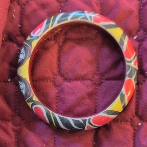Multicolor Floral-Print Wood Bangle Bracelet - Red, Yellow, Black